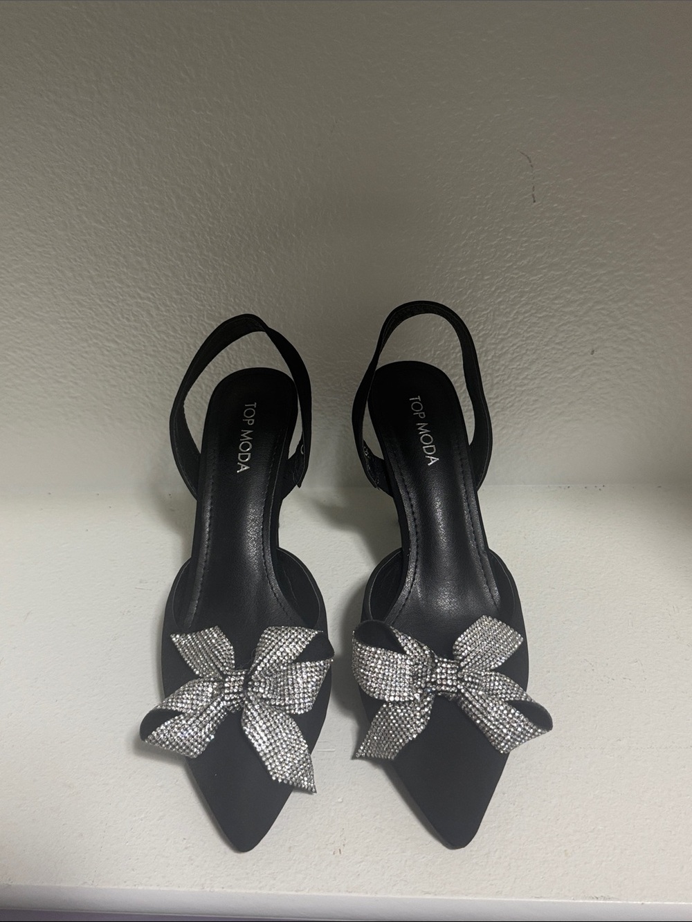 TOP Moda Black Pointed Slingback Heels with Crystal Bow Accent